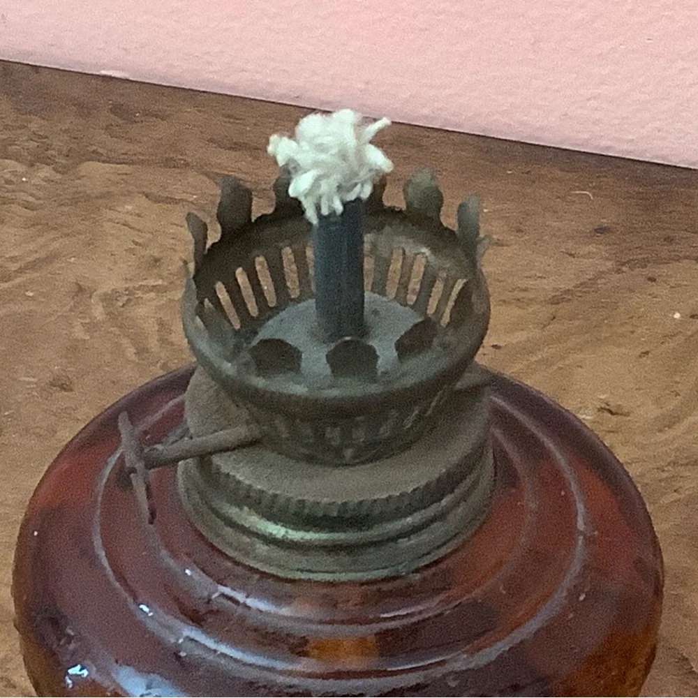 Vintage 7.5 Inch Amber Glass Oil Lamp With Fruit Details Read